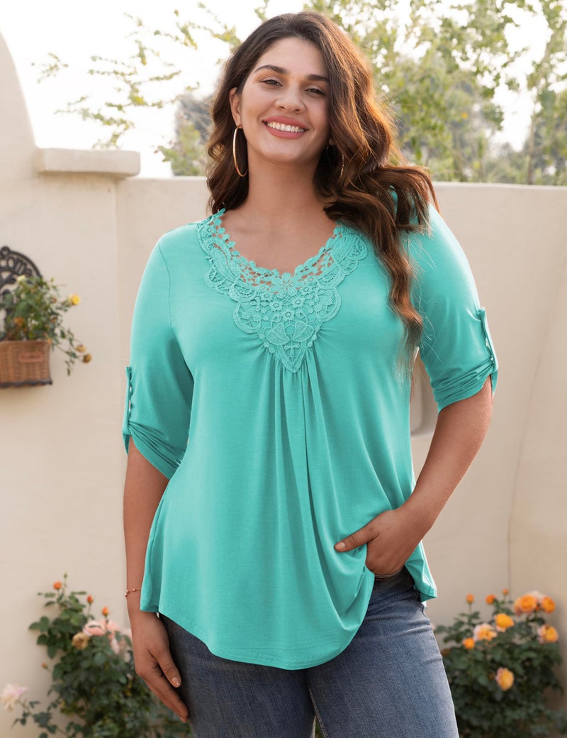 Tralilbee 3/4 Sleeve Tops for Women V Neck Lace Casual Shirts Plus Size Blouses for Women, Mint green, XL - Image 2