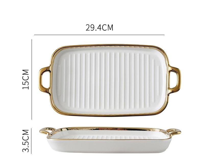 Beyond Homes Ceramic Serving Platter with Handles, 12 Inch | Rectangular Ceramic Snack Tray with Gold Rim | Microwave & Dishwasher Safe Platter for Starters, Appetizers & Dining Table (White Gold) - Image 2