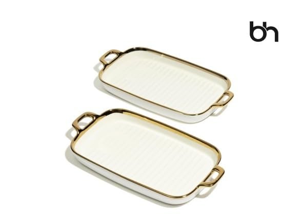 Beyond Homes Ceramic Serving Platter with Handles, 12 Inch | Rectangular Ceramic Snack Tray with Gold Rim | Microwave & Dishwasher Safe Platter for Starters, Appetizers & Dining Table (White Gold) - Image 3