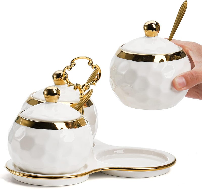 ZENFUN Set of 3 Ceramic Condiment Pots with Trays, Condiment Jars Containers with Lids and Spoons, Porcelain Sugar Salt Bowls Set, White Spice Seasoning Box for Kitchen, Restaurant, Counter, Home - Image 3