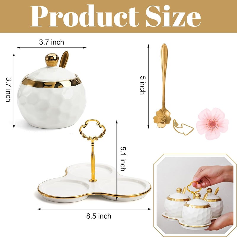 ZENFUN Set of 3 Ceramic Condiment Pots with Trays, Condiment Jars Containers with Lids and Spoons, Porcelain Sugar Salt Bowls Set, White Spice Seasoning Box for Kitchen, Restaurant, Counter, Home - Image 2