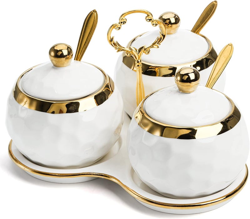 ZENFUN Set of 3 Ceramic Condiment Pots with Trays, Condiment Jars Containers with Lids and Spoons, Porcelain Sugar Salt Bowls Set, White Spice Seasoning Box for Kitchen, Restaurant, Counter, Home - Image 1
