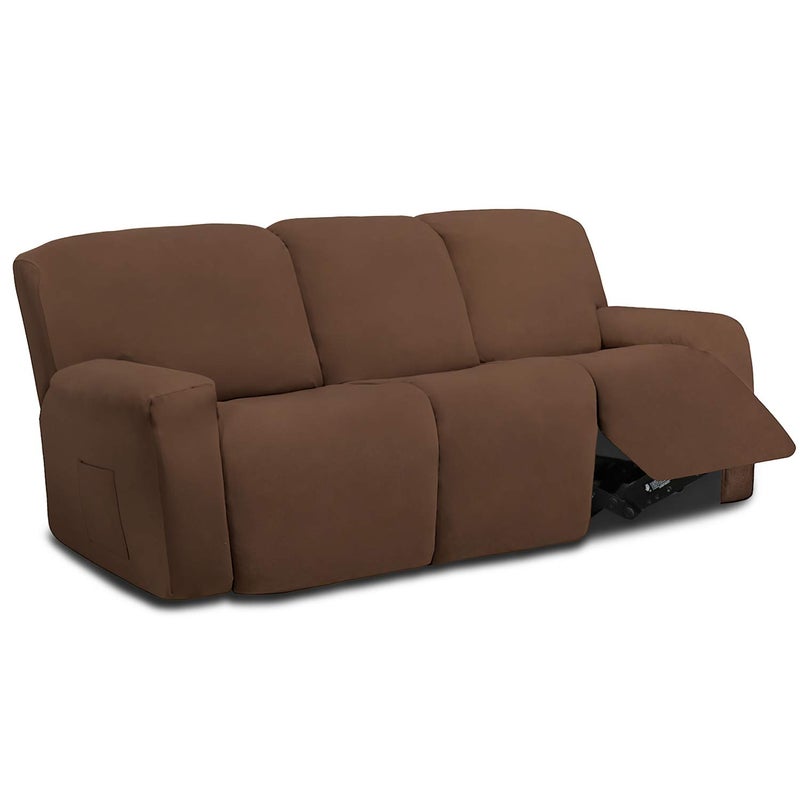 EasyGoing 8 Pieces Microfiber Stretch Sectional Recliner Sofa Slipcover Soft Fitted Fleece 3 Seats Couch Cover Washable Furniture Protector with Elasticity for Kids PetRecliner Sofa Brown