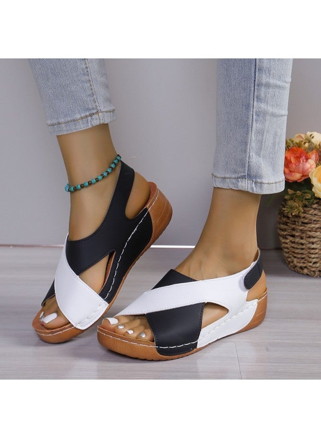 Women's Shoes New Style European And American Thick-soled Color-blocked Roman Sandals Women's Platform Sole Velcro Open-toe Beach Sandals