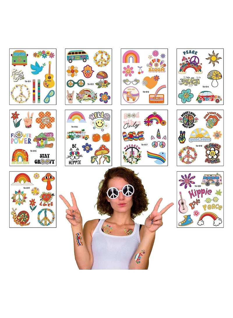 10PCS Temporary Tattoo Sticker Trendy Hippie 60's Flower Tattoo Sticker Face Tattoo Stickers for Adults and Kids Love and Peace Sign Temporary Tattoo Party Bag Fillers Party Favours Supplies