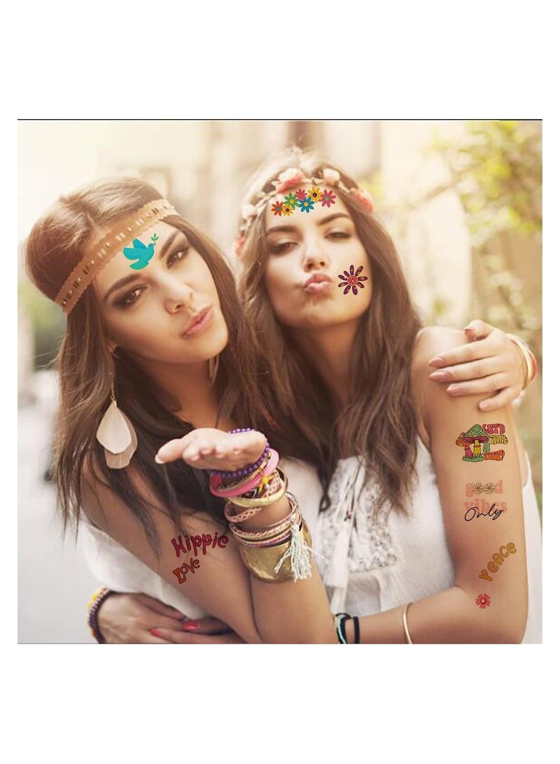 10PCS Temporary Tattoo Sticker Trendy Hippie 60's Flower Tattoo Sticker Face Tattoo Stickers for Adults and Kids Love and Peace Sign Temporary Tattoo Party Bag Fillers Party Favours Supplies