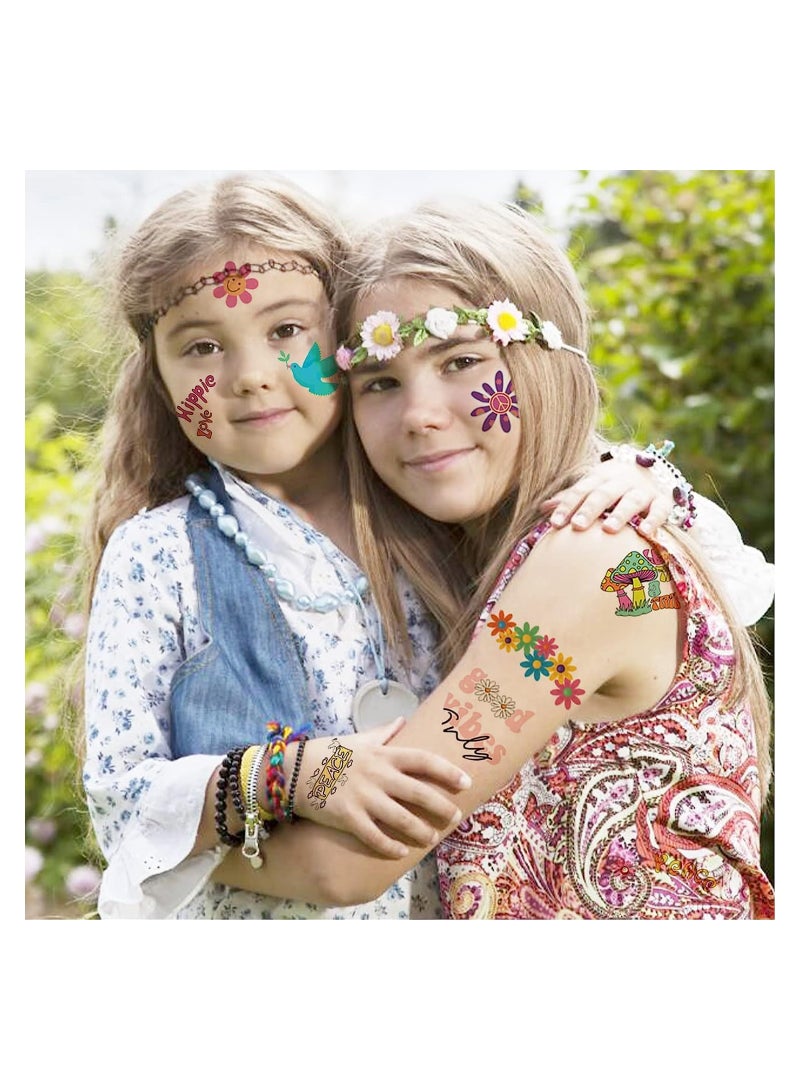10PCS Temporary Tattoo Sticker Trendy Hippie 60's Flower Tattoo Sticker Face Tattoo Stickers for Adults and Kids Love and Peace Sign Temporary Tattoo Party Bag Fillers Party Favours Supplies