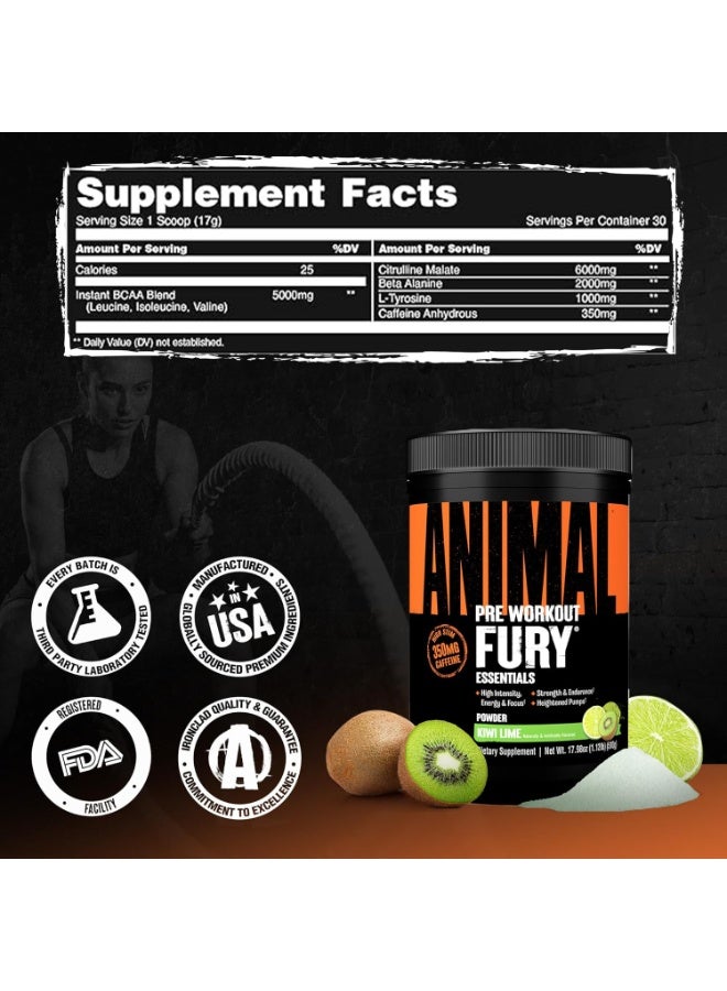 Animal Pre Workout Fury Essentials Powder With High Stim 350 Mg Caffine Kiwi & Lime Flavour