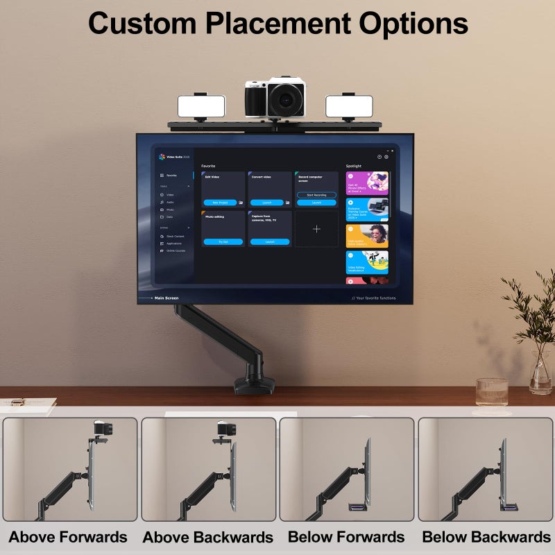 ErgoFocus DSLR Monitor Mount Hold up to 11 lbs, Monitor Top Shelf for Livestream Device, Camera Mount, Webcams, Microphones, Lighting and More, Fits VESA Mount 75/100mm, Height Adjustable - Image 2