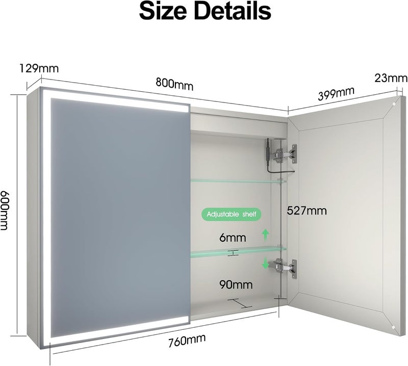 Bathroom Mirror Cabinet with Lighting, 60 x 80 cm, Bathroom Mirror Cabinet, Aluminium Alibert Cabinet, Bathroom, Demogging, 3 Colours, Dimmable, Memory Function, HD Tempered Glass, IP44, White - Image 2