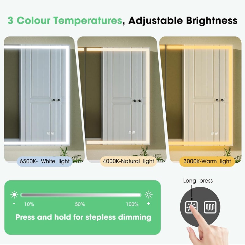 Bathroom Mirror Cabinet with Lighting, 60 x 80 cm, Bathroom Mirror Cabinet, Aluminium Alibert Cabinet, Bathroom, Demogging, 3 Colours, Dimmable, Memory Function, HD Tempered Glass, IP44, White - Image 4