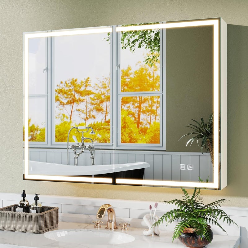 Bathroom Mirror Cabinet with Lighting, 60 x 80 cm, Bathroom Mirror Cabinet, Aluminium Alibert Cabinet, Bathroom, Demogging, 3 Colours, Dimmable, Memory Function, HD Tempered Glass, IP44, White - Image 1