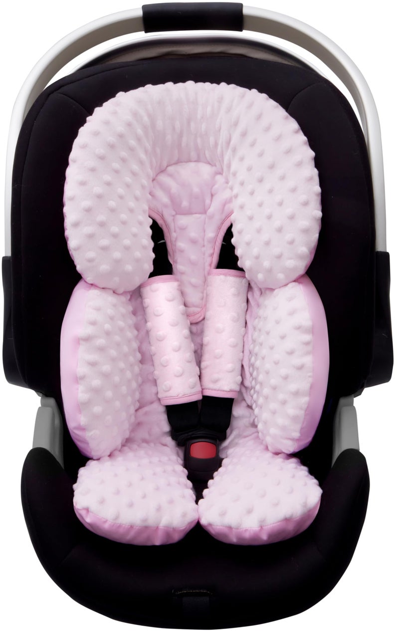 Pro Goleem Infant Car Seat Head Neck Body Support, Ultra-Soft Minky and Microfiber Car Seat Strap Pads, Perfect for Stroller, 2-in-1 Reversible, Girls, Pink - Image 1