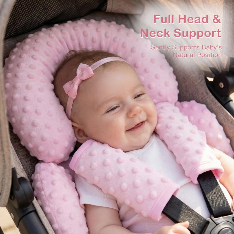 Pro Goleem Infant Car Seat Head Neck Body Support, Ultra-Soft Minky and Microfiber Car Seat Strap Pads, Perfect for Stroller, 2-in-1 Reversible, Girls, Pink - Image 3
