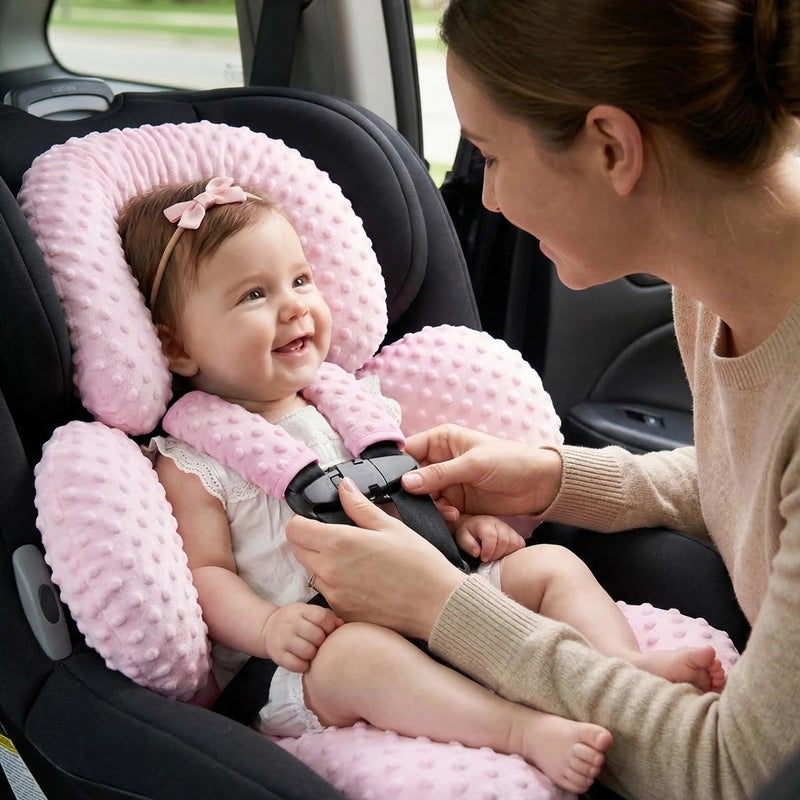 Pro Goleem Infant Car Seat Head Neck Body Support, Ultra-Soft Minky and Microfiber Car Seat Strap Pads, Perfect for Stroller, 2-in-1 Reversible, Girls, Pink - Image 2