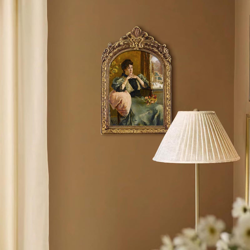FOLKOR Vintage Framed Wall Art for Bedroom Dining Room Decor, Pensive Women Near a Window Portrait, Classical Canvas Prints with Arched Picture Frame for Home Office Living Room Decoration, 5x7 - Image 2