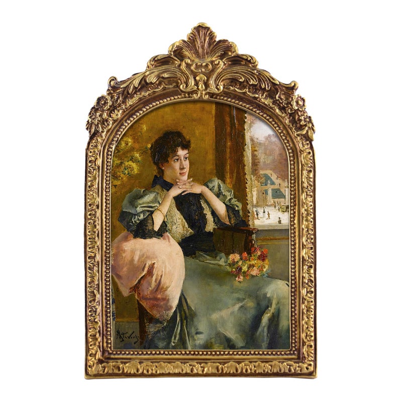 FOLKOR Vintage Framed Wall Art for Bedroom Dining Room Decor, Pensive Women Near a Window Portrait, Classical Canvas Prints with Arched Picture Frame for Home Office Living Room Decoration, 5x7 - Image 1