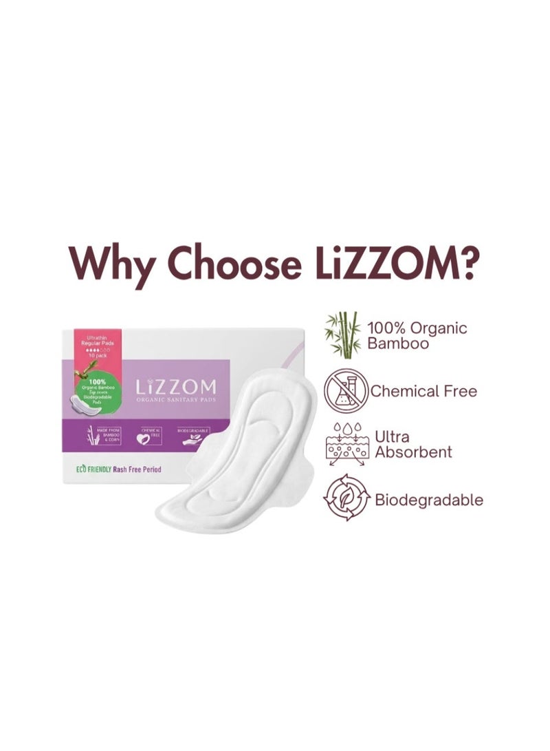 LiZZOM Organic Ultra Thin Regular Sanitary Pads with Wings, 10 Count, Bamboo Top Sheet, Biodegradable Back Sheet - Image 5