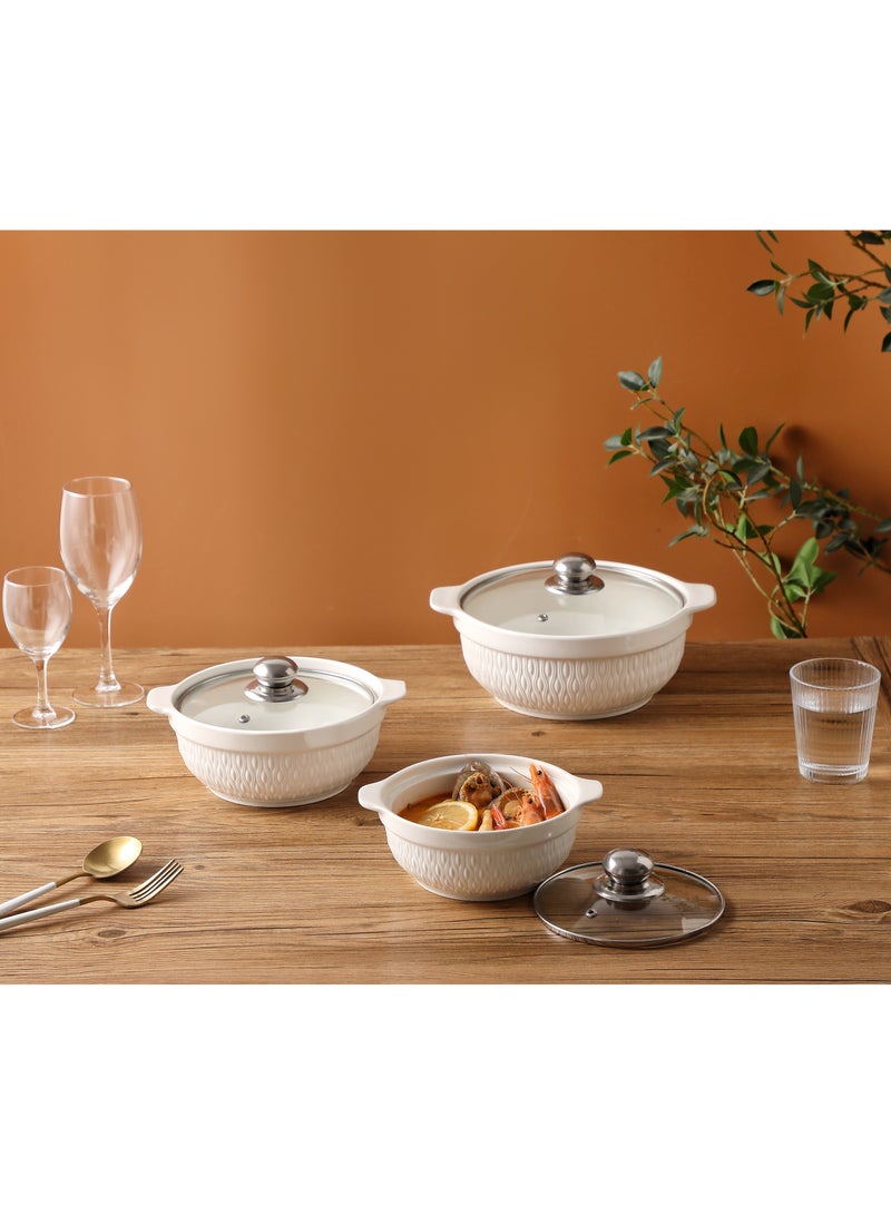 Dove 3-Piece Porcelain Soup Bowl Set With Glass Lid White/Silver; Small Bowl 8 Inch, Medium Bowl 9 Inch, Large Bowl 10.5 Inch