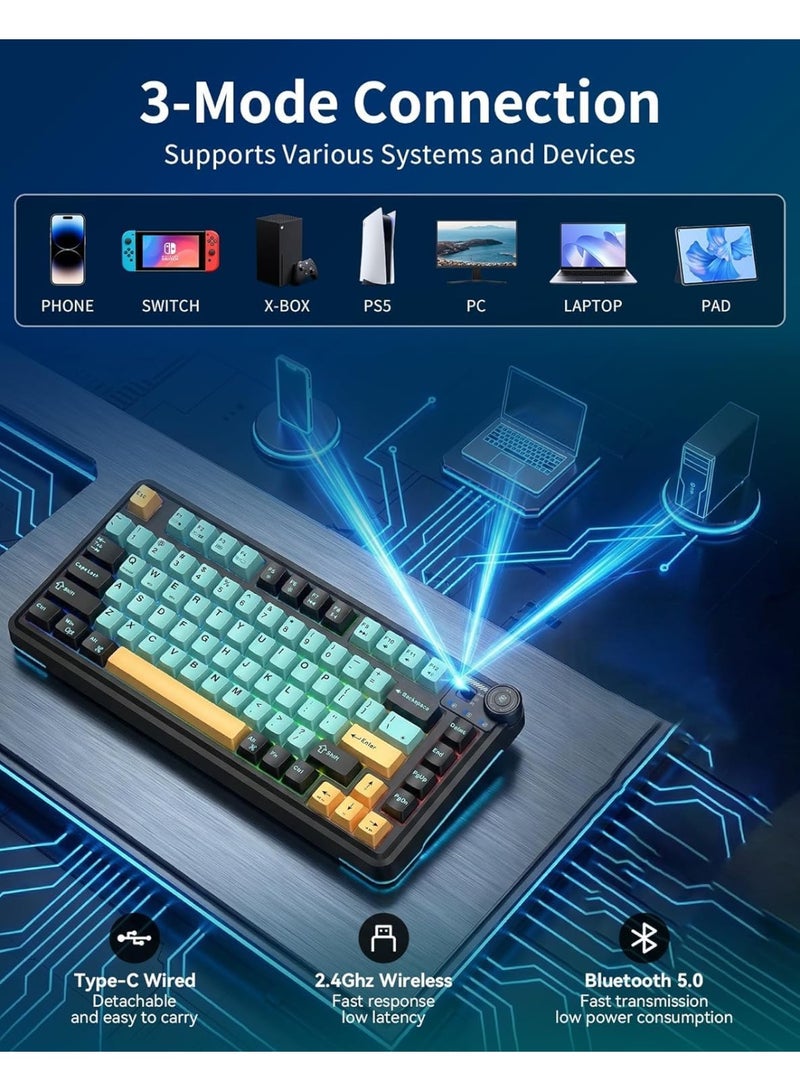 AULA لوحة مفاتيح ميكانيكية لاسلكية ثلاثية الوضع AU75 بتصميم مدمج 75% – لوحة مفاتيح للألعاب قابلة للتبديل مع مفتاح بلومفيلد، بلوتوث، 2.4GHz ووضع سلكي، إضاءة خلفية RGB للألعاب، الكمبيوتر الشخصي واستخدام المكتب - Image 4