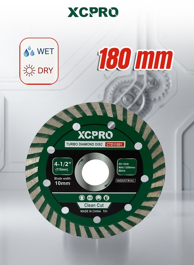 Turbo Diamond Disc 180mm x 10mm x 22.2mm, 10mm Diamond Blade for Compatible Angle Grinders, Turbo Segment Cutting Disc, Color Box