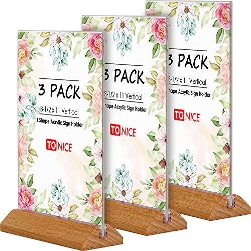 TONICE® 3 Pack 8.5X11 Acrylic Sign Holder T Shape Clear Acrylic Double Sided Frames with Wood Base Table Menu Display Stand Flyer Display (Optional 8.5x11/5x7 Inch L/T Shape) - Image 1