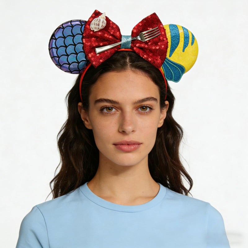 Bmobuo Mermaid Mouse Ears Headband for Women, Fish Scales Mouse Ears Sequin Bows Headband Mouse Ears for Adult Park Ears - Image 2