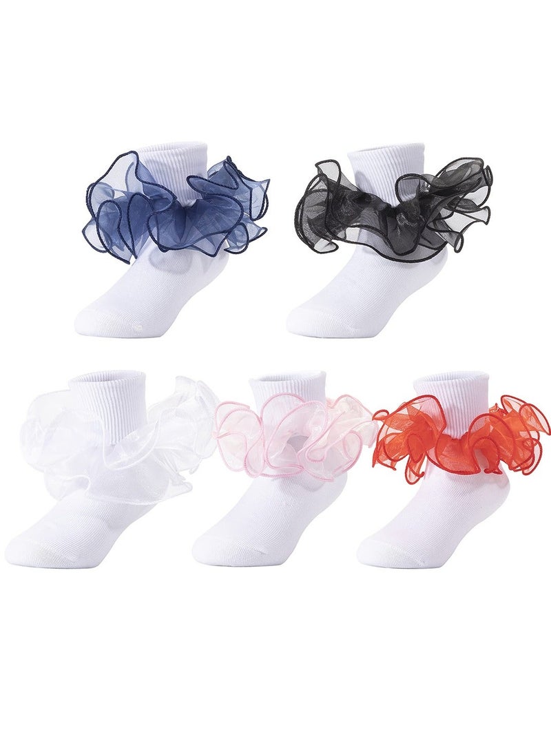 5 Pairs Girls Lace Socks for 8-10 Years Old Cotton Children Double Ruffle Eyelet Sock Ruffled Dress Big Full Organza with Trim ant Fanfare Foldover Ankle Style  - Image 1