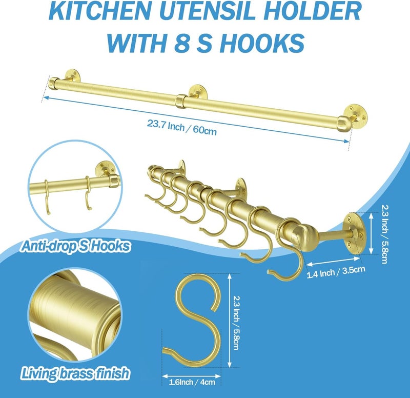 ROTHLEY Stainless Steel Hanging Pot Rack Hanger: 23.7 Inch Brass Pot and Pan Hanger Wall Mounted Hanging Pot Bar Rack Heavy Duty Pot Hangers Kitchen Rail with 8 S Hooks - Image 3