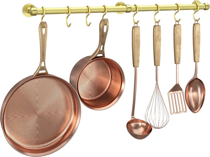 ROTHLEY Stainless Steel Hanging Pot Rack Hanger: 23.7 Inch Brass Pot and Pan Hanger Wall Mounted Hanging Pot Bar Rack Heavy Duty Pot Hangers Kitchen Rail with 8 S Hooks - Image 1