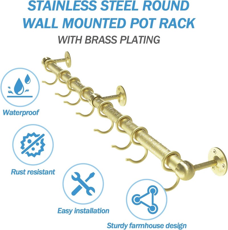 ROTHLEY Stainless Steel Hanging Pot Rack Hanger: 23.7 Inch Brass Pot and Pan Hanger Wall Mounted Hanging Pot Bar Rack Heavy Duty Pot Hangers Kitchen Rail with 8 S Hooks - Image 4