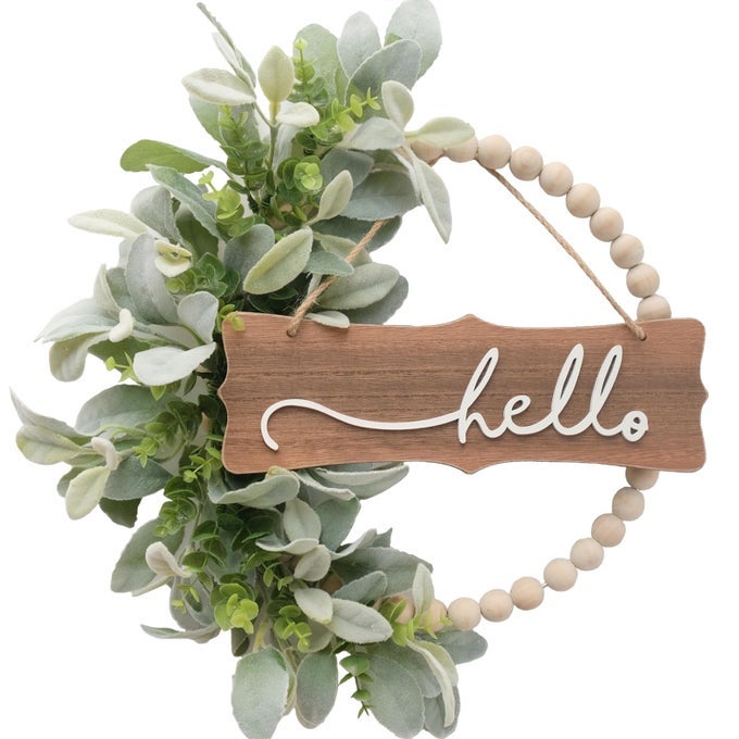 GREEN WREATH FOR FRONT DOOR WOOD BEAD WREATHS WITH ARTIFICIAL LAMBS EARS LEAVES HELLO AND WELCOME DOOR SIGN WREATH FOR HOME DECOR SPRING SUMMER GREEN LEAF FOR WEDDING DECOR