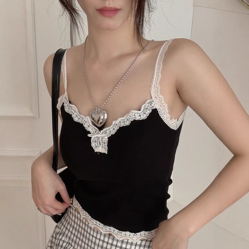 Bow Lace Trim Striped Camisole Top with Padded Bra for Women - Image 2