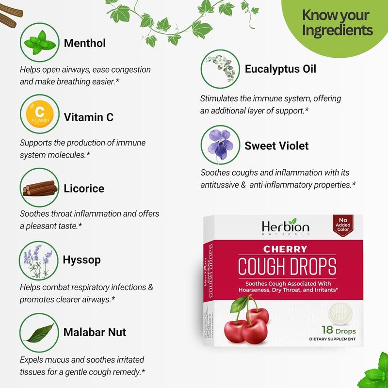 HERBION Naturals Cough Drops Dietary Supplement Soothes Cough for Adults and Children Over 6 Years No Artificial Flavor No Added Color 108 Count Pack of 6 Cherry - Image 3