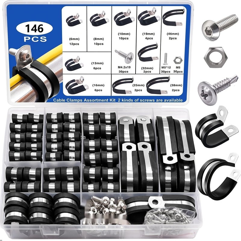 146 قطعة من مجموعة مشابك الكابلات، مشابك أنابيب من الفولاذ المقاوم للصدأ 304 مع وسادة مطاطية، 10 أحجام من 1/4 إلى 1 3/4 بوصة، تشمل نوعين من البراغي الكربونية المتطابقة. - Image 1