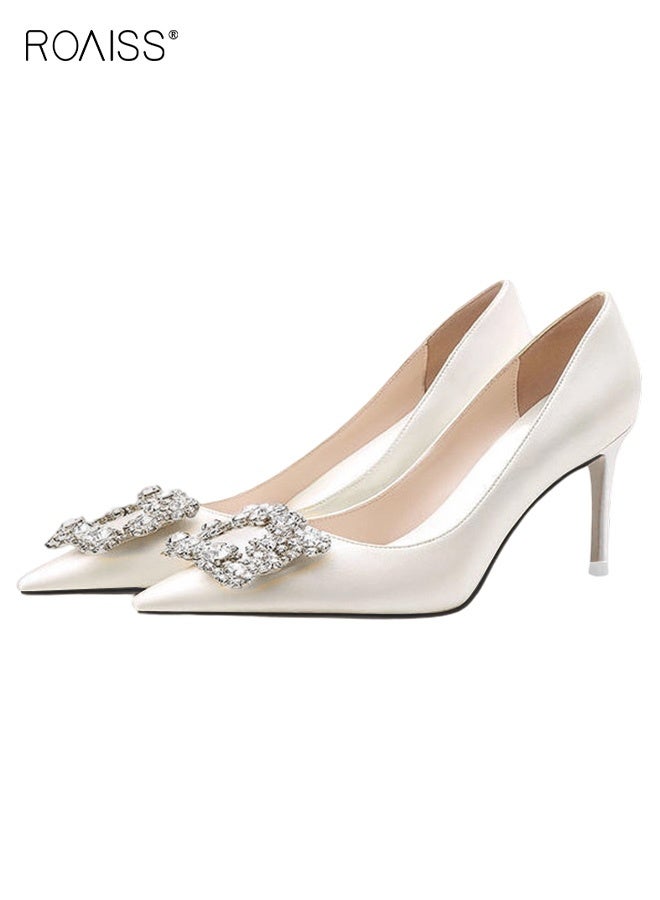 roaiss Women Pointed Toe Pumps, Stylish Elegant High Heels for Ladies, Chic Classic Stilettos with Rhinestone Buckle, Perfect for Parties, Wedding, Dates and More - Image 1