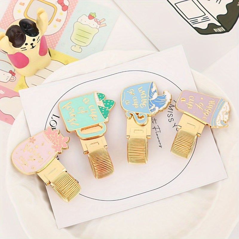 Pink Cartoon Mug Inspired Metal Pen Holder with Spring Clip for Journals Notebooks Office - Image 1