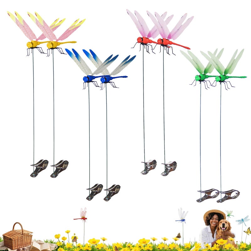 Jongdari 8pcs Dragonfly Hat Clip Realistic Fake Dragonflies Clip-On Garden Outdoor Decor Stakes Plastic Dragon Fly Clips Plant Decorations for Pot - Image 1
