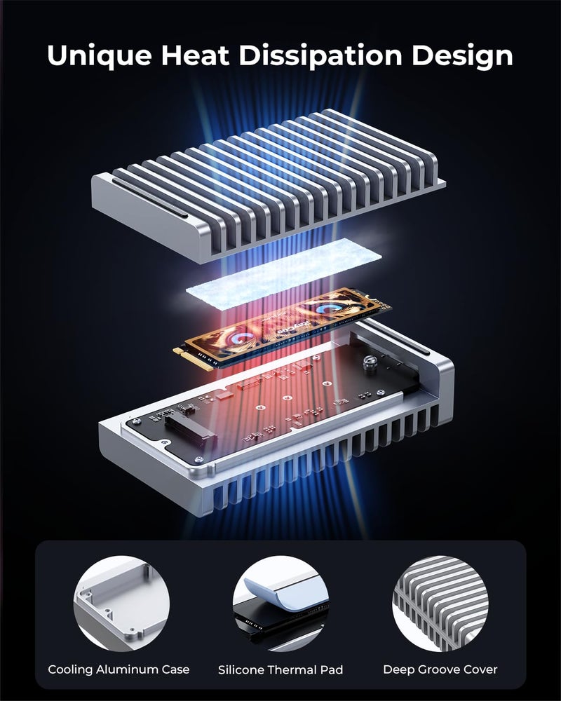 RayCue 40Gbps M.2 NVMe Enclosure with Aluminum Double-Sided Fin Heat Dissipation, External SSD Case for Mac, Windows, Compatible with USB 4/3.2/2.0 (SSD Not Included) - Image 3