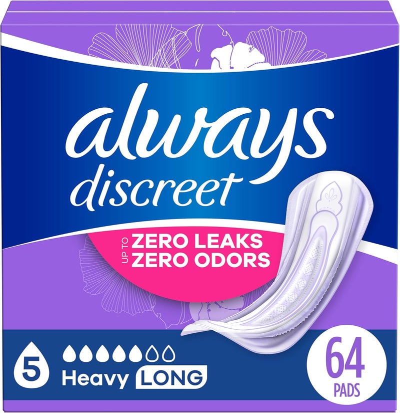 Always Discreet Always Discreet Adult Incontinence Pads for Women, Heavy Absorbency, Long Length, Postpartum Pads, 64 CT 
