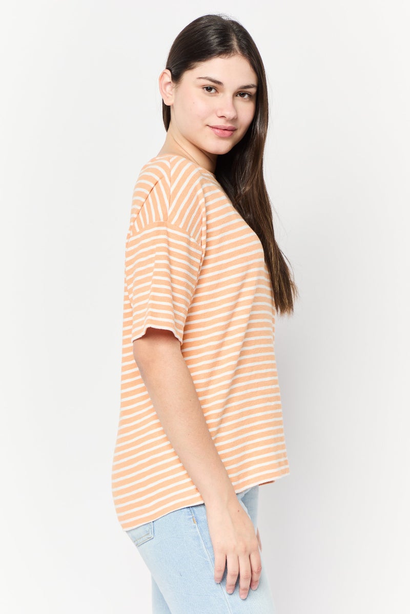 ESPRIT Women Crew Neck Short Sleeves Yarn Dye T-Shirt, Multicolor - Image 3