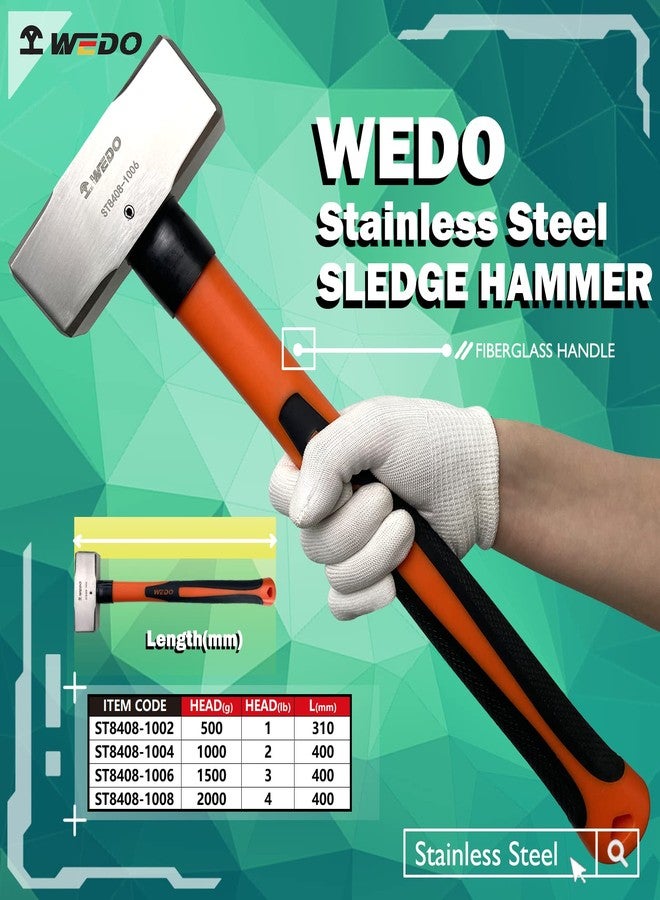 WEDO Sledge Hammer,1lb Stainless Steel German Type Crack Hammer With Fiberglass Handle,Length 310mm,Shock-resistant,Corrosion Resistant Drilling Hammer - Image 2