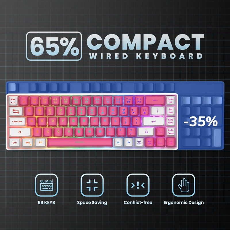 GEODMAER 65% Gaming Keyboard, LED Backlit Mini Wired Keyboard, Ultra-Compact Anti-Ghosting No-Conflict 68 Keys Membrane Gaming Wired Keyboard for PC Laptop Windows Gamer(White-Orange) - Image 4