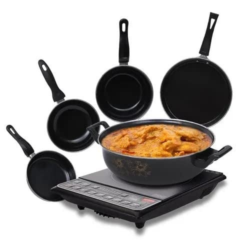 ATEVON Enamel 5-Piece Cookware Set in Black - Includes Kadhai, Tawa, Frying Pan, Tadka Pan, and Milk Pan - Induction Base for Versatile Cooking - Image 2