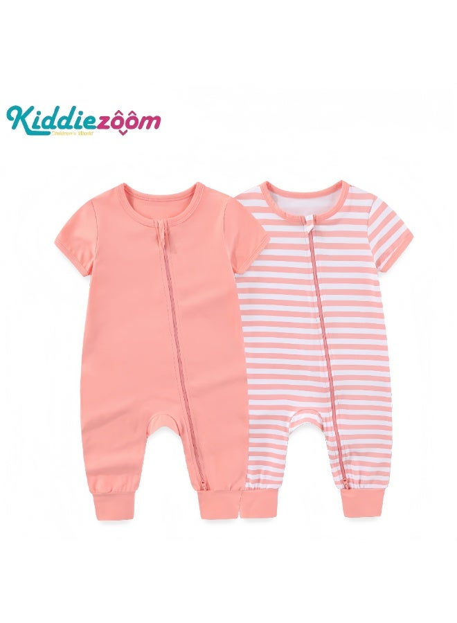 Kiddiezoom طقم من قطعتين من ملابس الأطفال الرضع بأكمام قصيرة وسحاب أمامي - بدلات قطنية ناعمة قطعة واحدة للأطفال حديثي الولادة والرضع، سهلة تغيير الحفاضات، مريحة وجيدة التهوية - Image 1