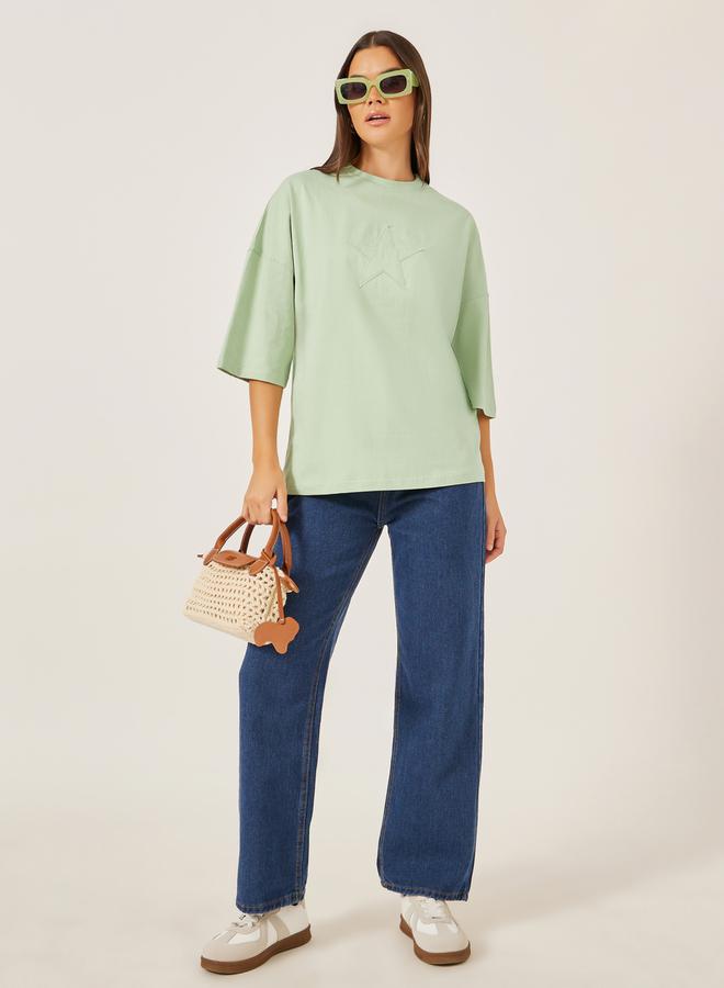 Styli Green Star Applique Oversized Longline T-Shirt  - Image 2