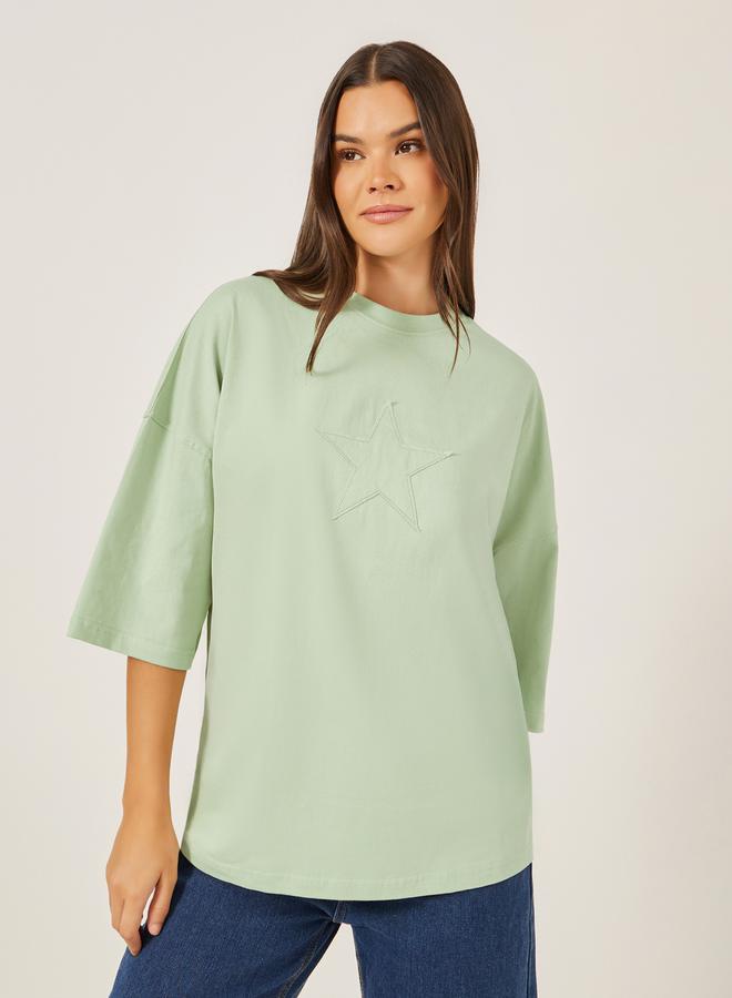 Styli Green Star Applique Oversized Longline T-Shirt  - Image 1
