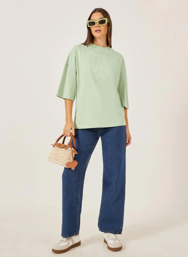 Styli Styli Green Star Applique Oversized Longline T-Shirt