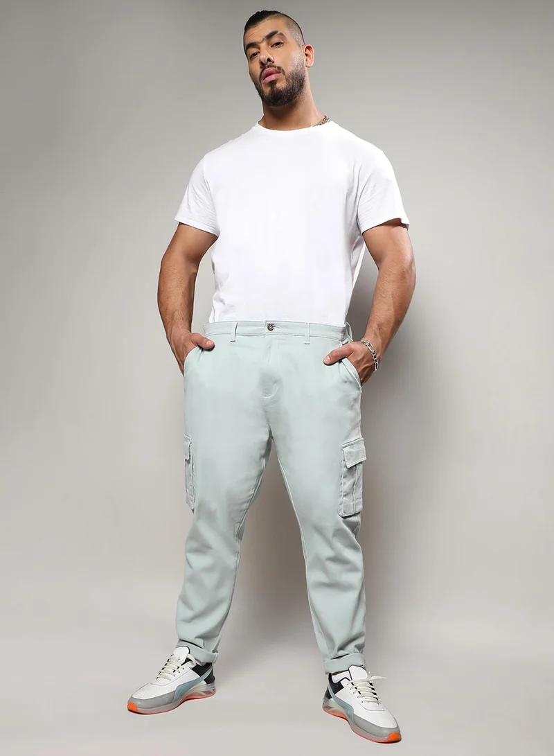 Instafab Plus  Instafab Plus Men's Sage Green Cargo Trousers For Casual Wear | 6 Pockets | Plus-Size Fit | Button Closure | Cotton Poly Cargo Pant Crafted With Comfort Fit For Everyday Wear for Men | Best Price UAE