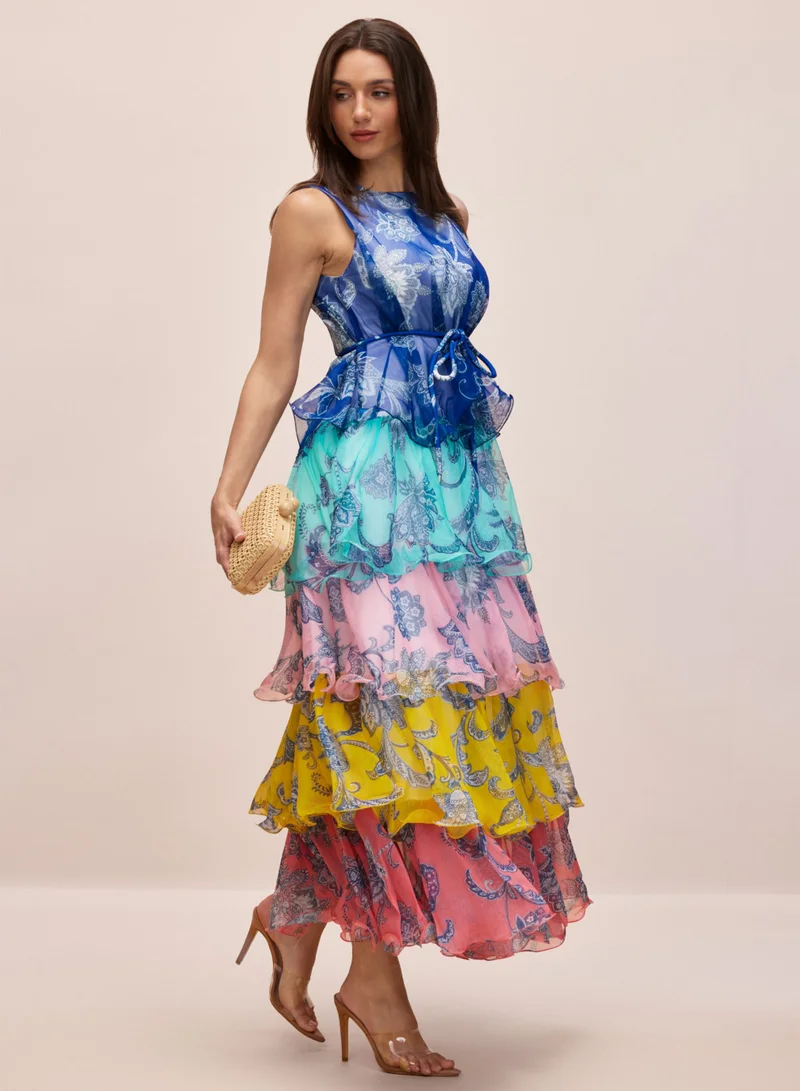 Sunfere Cynthia Printed Tiered Ruffle Maxi Dress